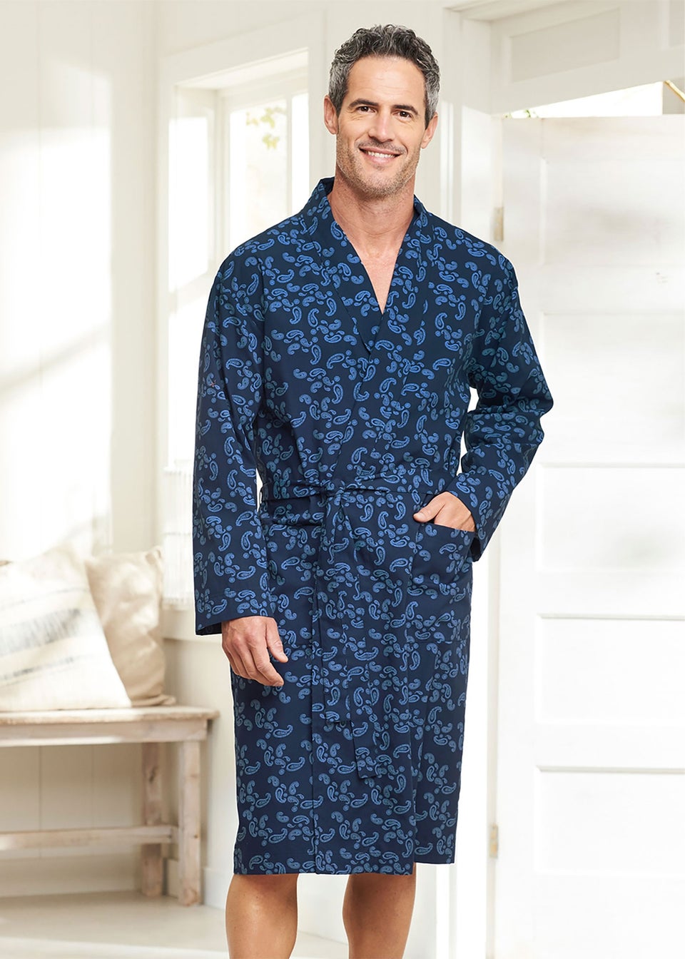Cotton Traders Navy Woven Dressing Gown