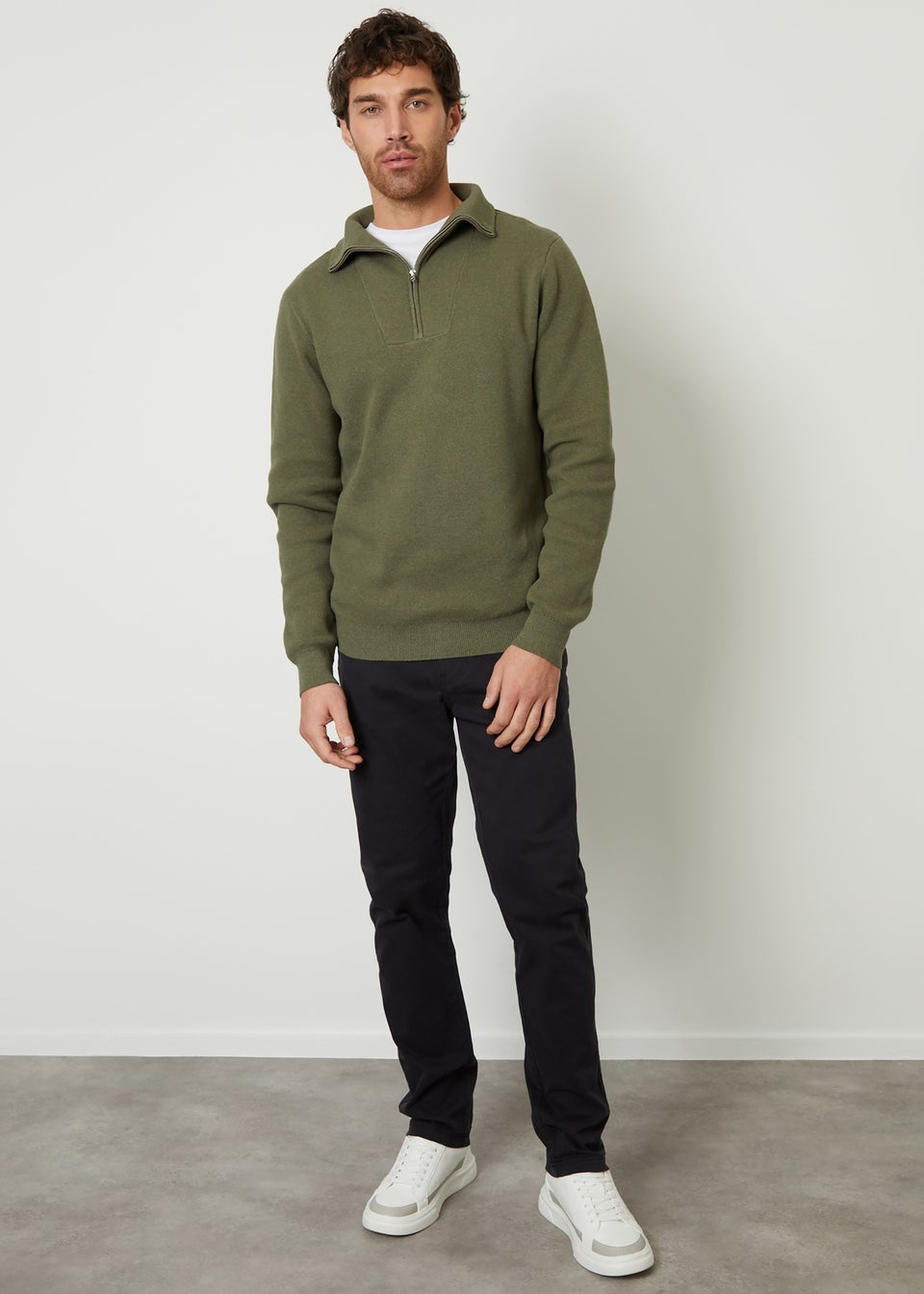 Threadbare Olive Rib Panel Quarter Zip Jumper