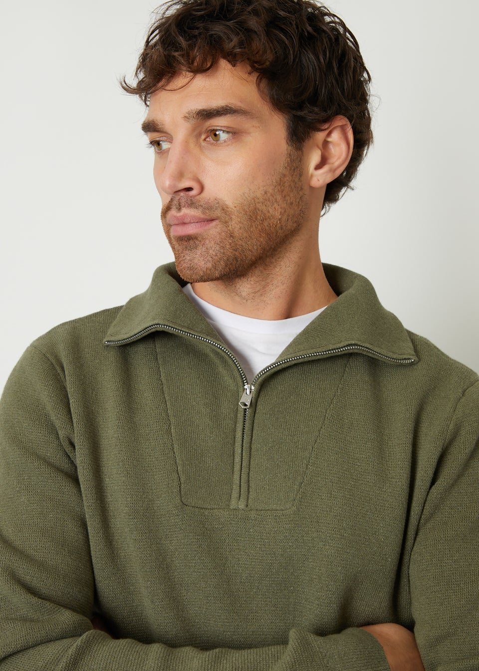 Threadbare Olive Rib Panel Quarter Zip Jumper