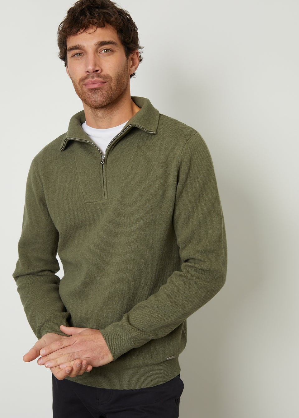 Threadbare Olive Rib Panel Quarter Zip Jumper