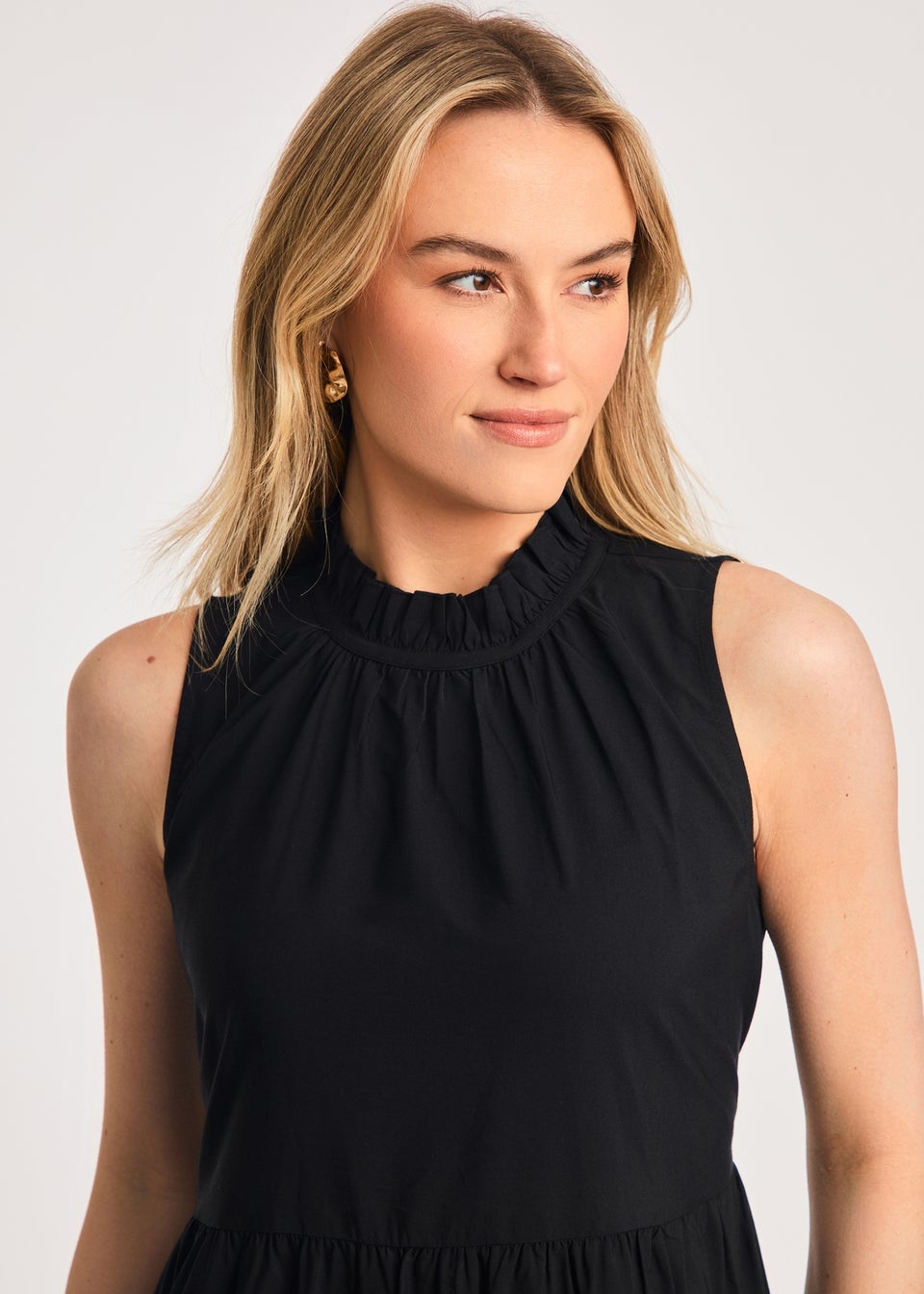 French Connection Black Cotton Blend Sleeveless Poplin Tiered Midi Dress