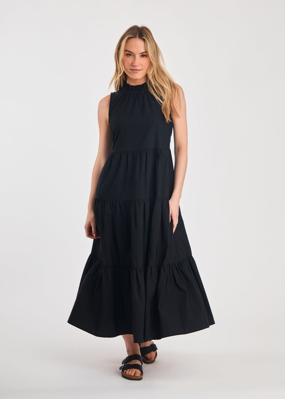 French Connection Black Cotton Blend Sleeveless Poplin Tiered Midi Dress