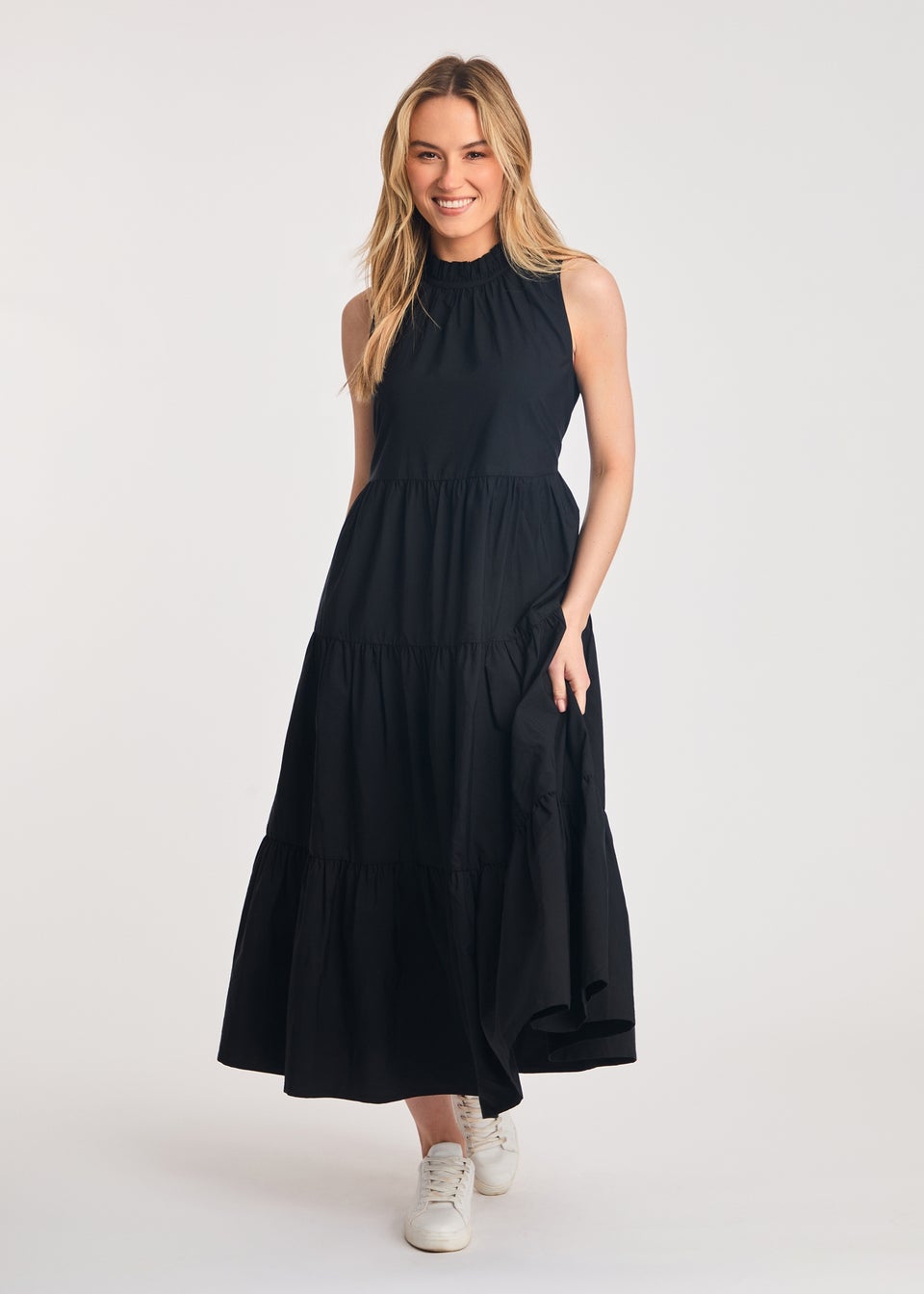 French Connection Black Cotton Blend Sleeveless Poplin Tiered Midi Dress