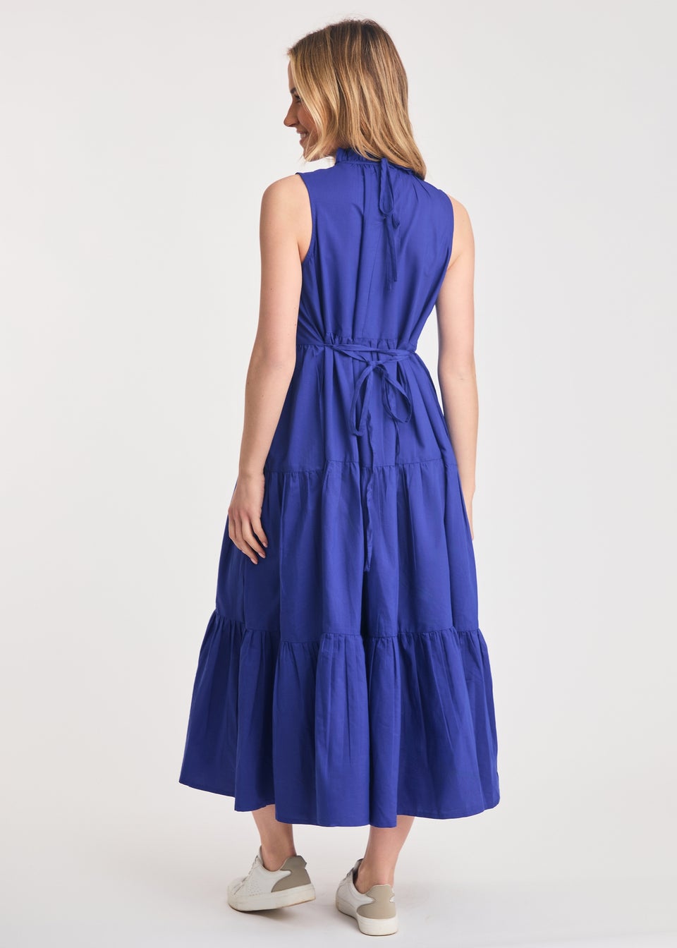 French Connection Blue Cotton Blend Sleeveless Poplin Tiered Midi Dress