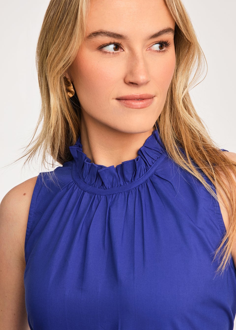 French Connection Blue Cotton Blend Sleeveless Poplin Tiered Midi Dress