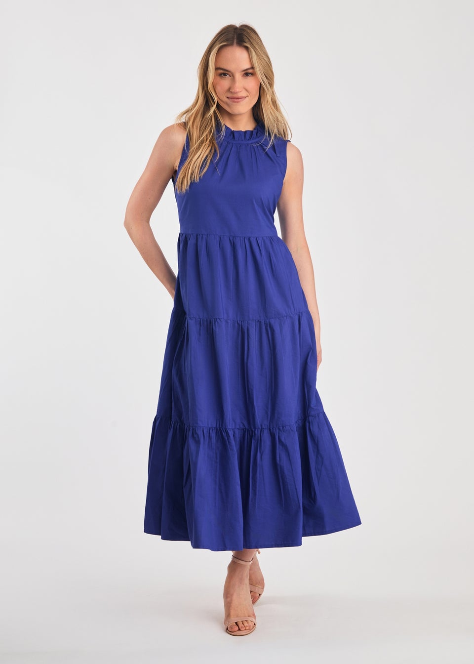 French Connection Blue Cotton Blend Sleeveless Poplin Tiered Midi Dress