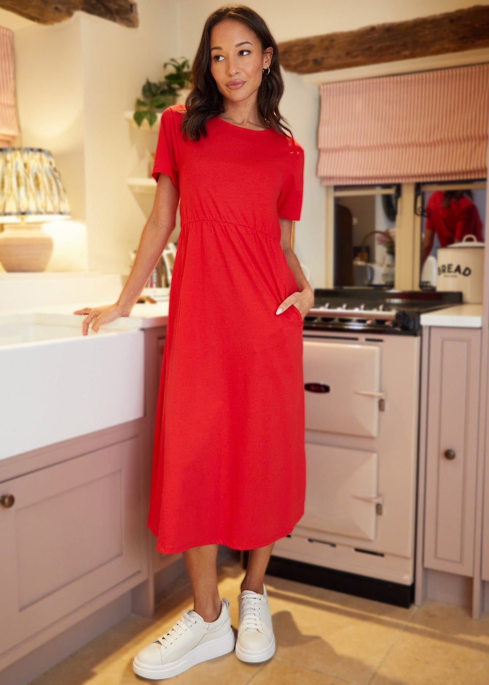 Threadbare Red Cotton Jersey Smock-Style Midi Dress With Pockets