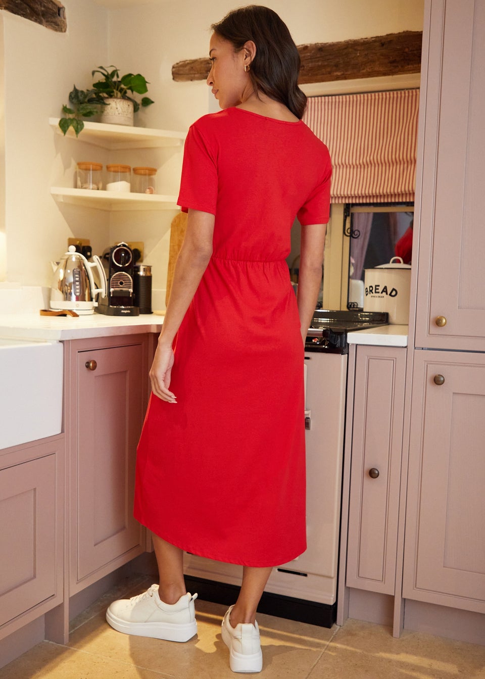 Threadbare Red Cotton Jersey Smock-Style Midi Dress With Pockets