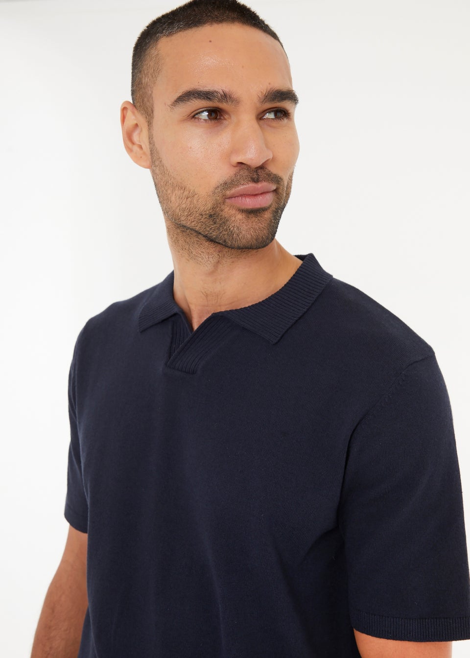 Threadbare Navy Trophy Neck Short Sleeve Knitted Polo