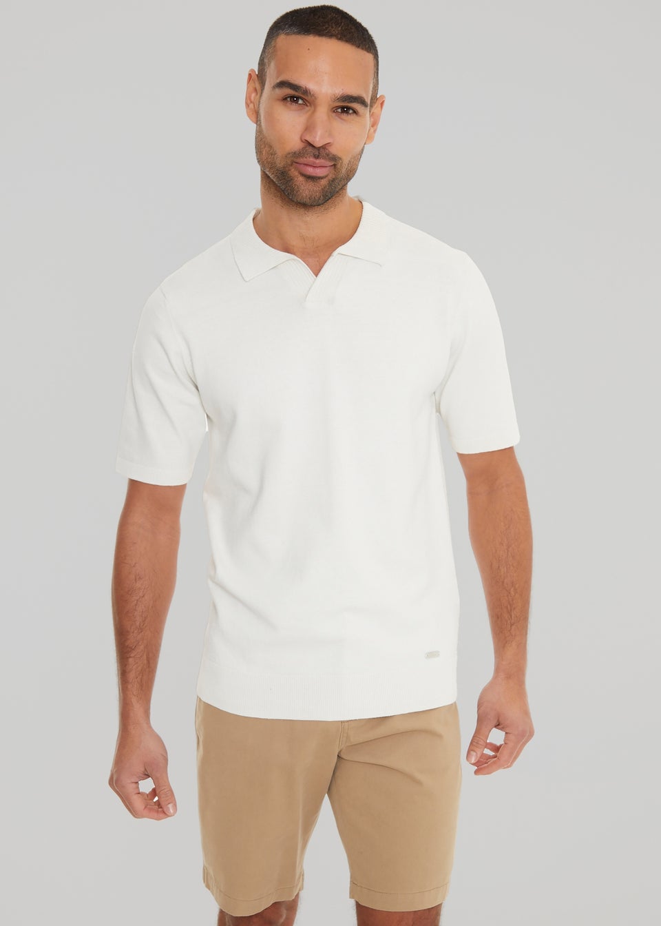 Threadbare Natural Trophy Neck Short Sleeve Knitted Polo