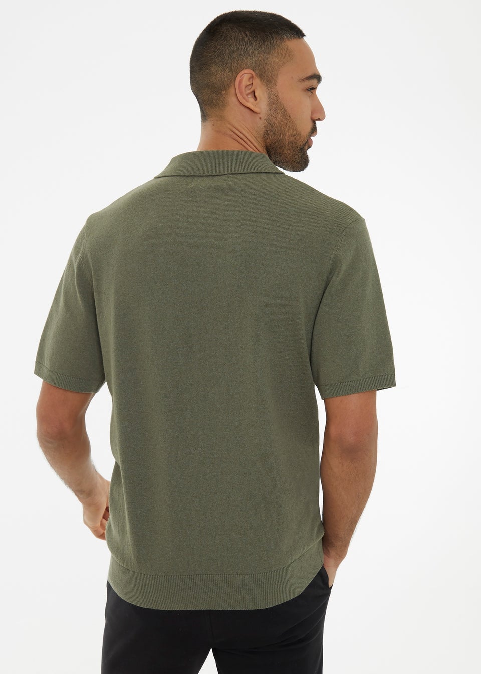 Threadbare Olive Textured Front Short Sleeve Trophy Neck Knitted Polo