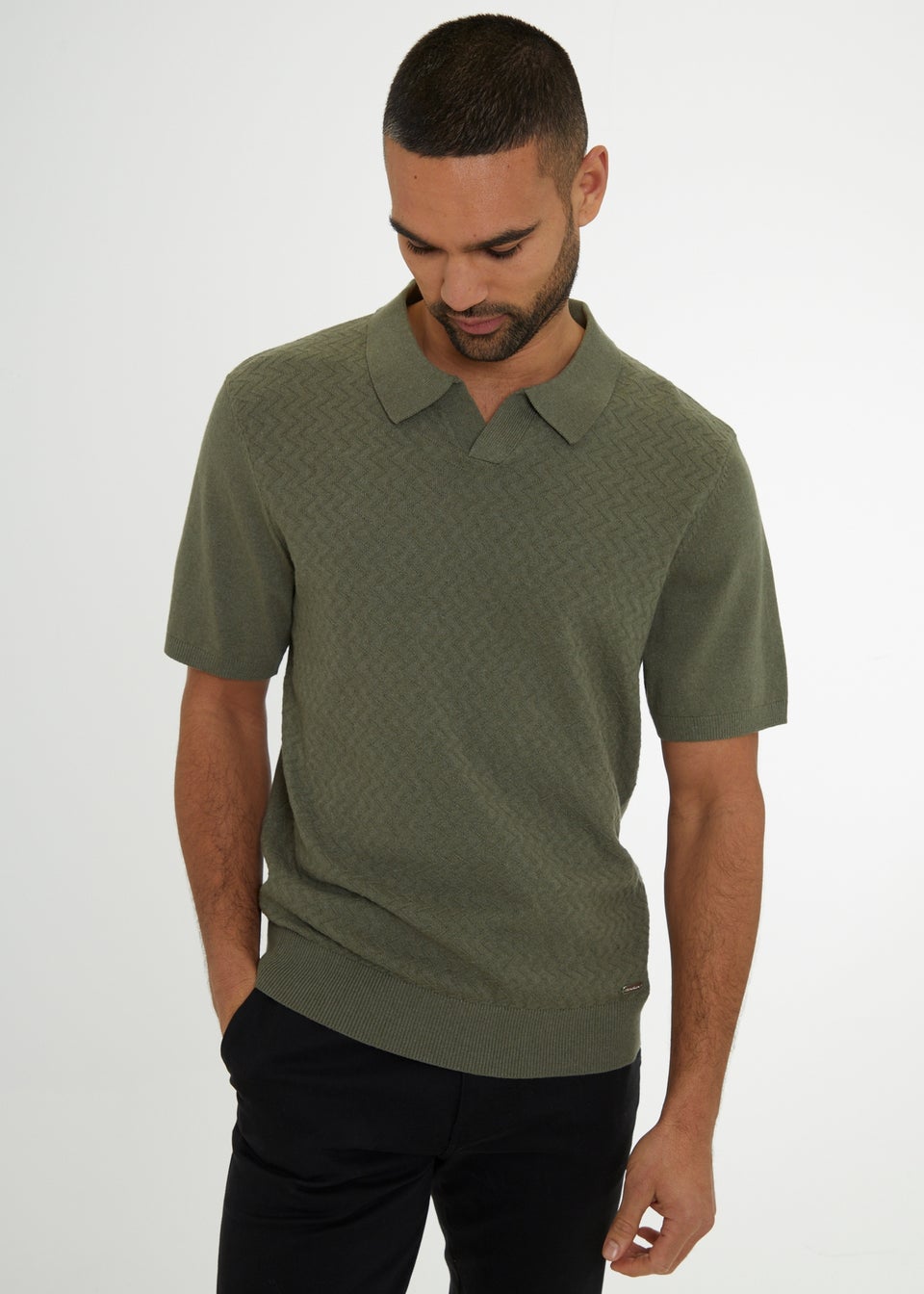 Threadbare Olive Textured Front Short Sleeve Trophy Neck Knitted Polo