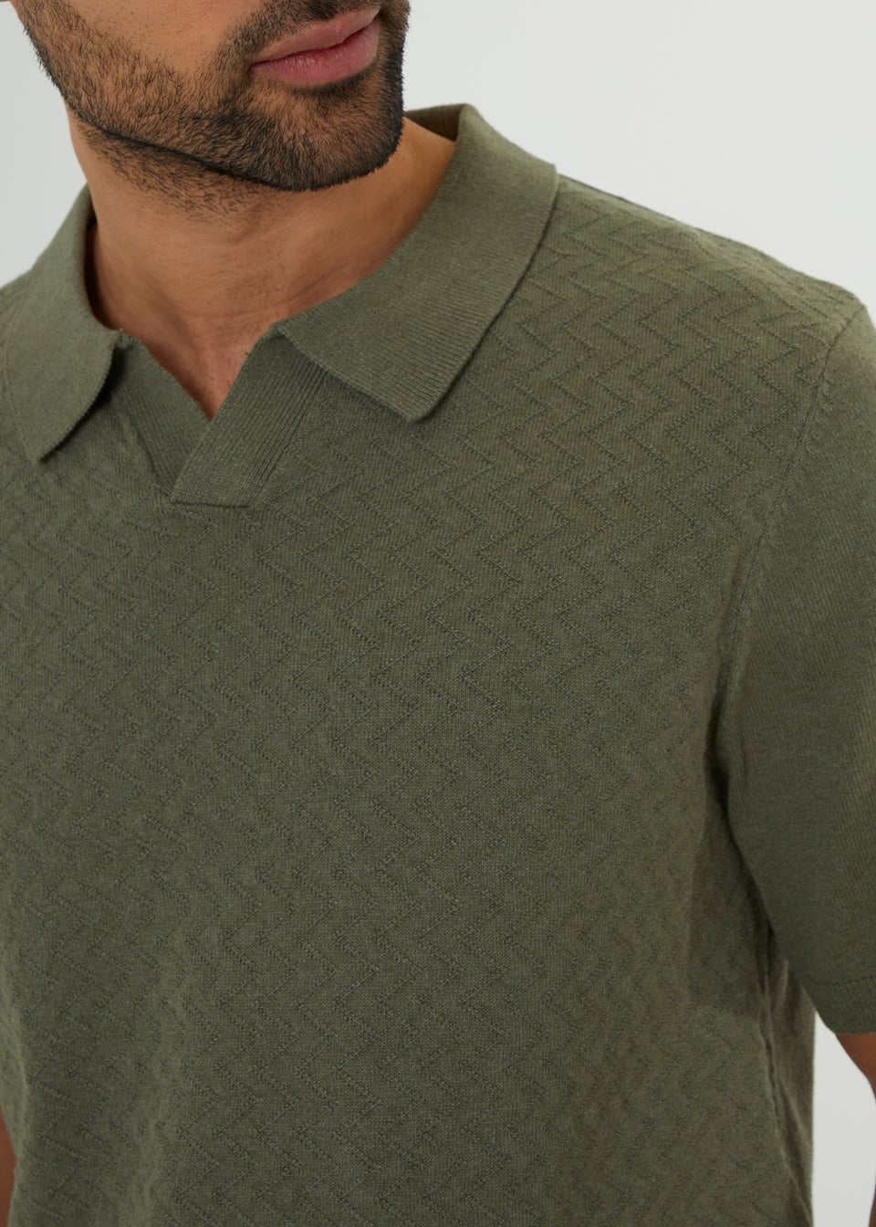 Threadbare Olive Textured Front Short Sleeve Trophy Neck Knitted Polo
