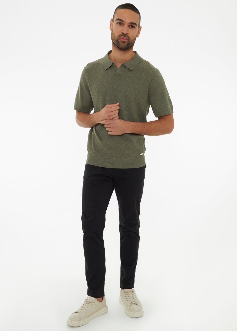 Threadbare Olive Textured Front Short Sleeve Trophy Neck Knitted Polo