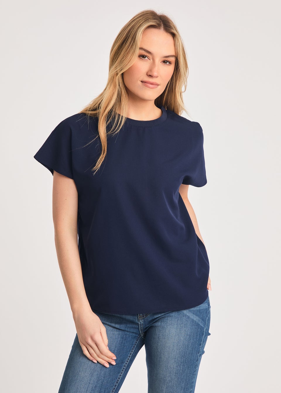 French Connection Navy Crew Neck Short Sleeve Crepe Top