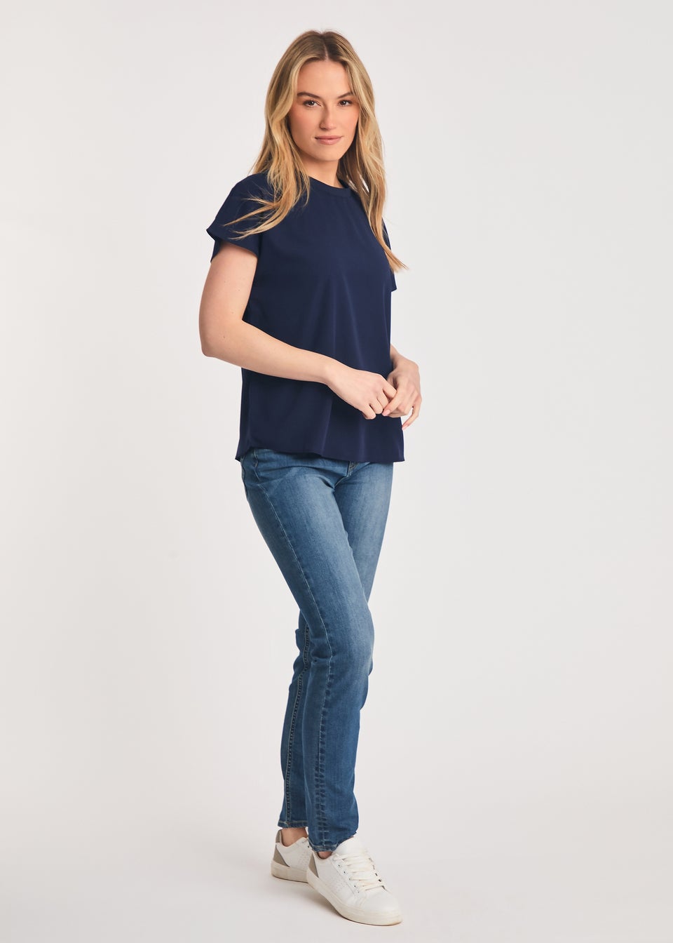 French Connection Navy Crew Neck Short Sleeve Crepe Top
