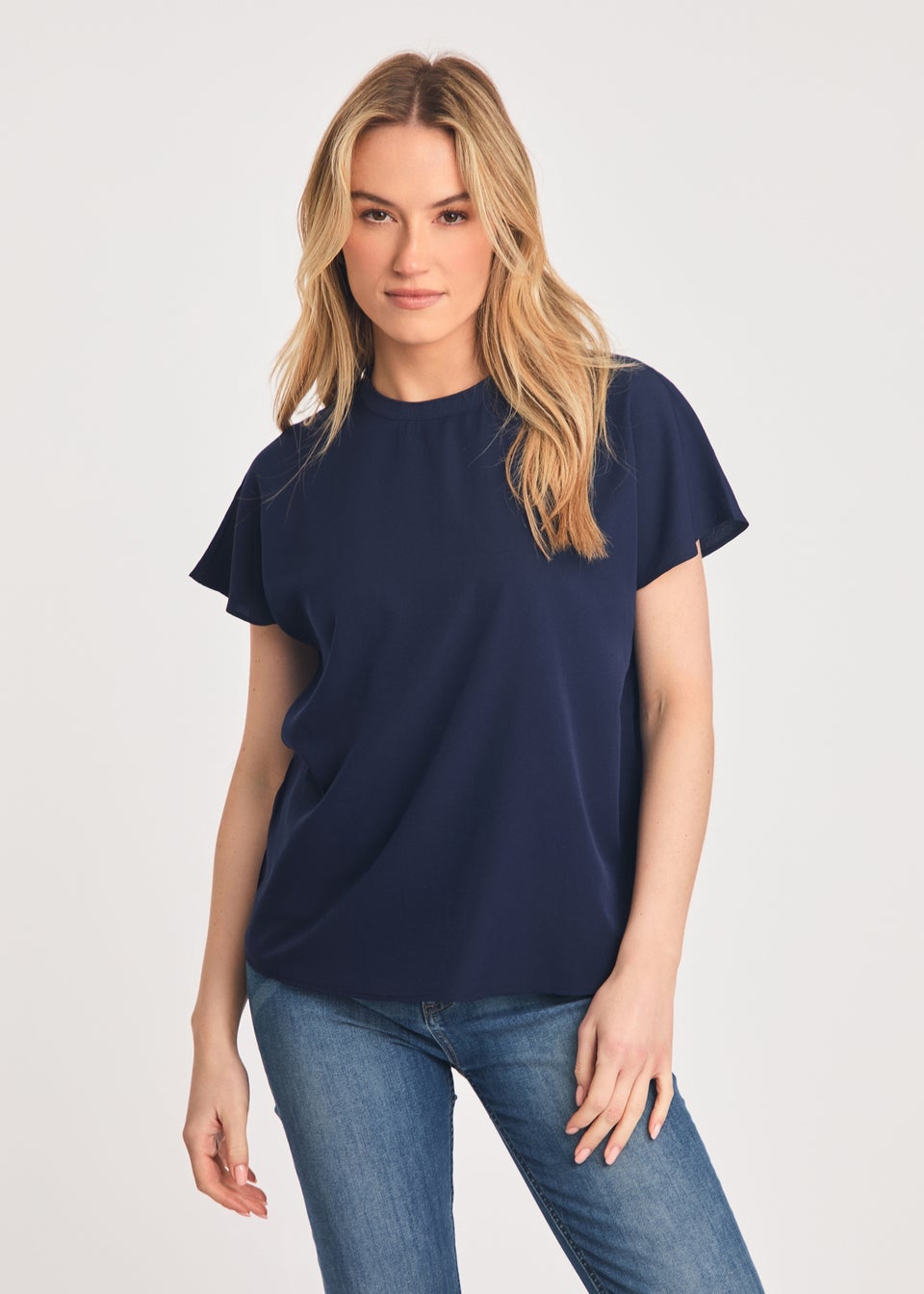 French Connection Navy Crew Neck Short Sleeve Crepe Top