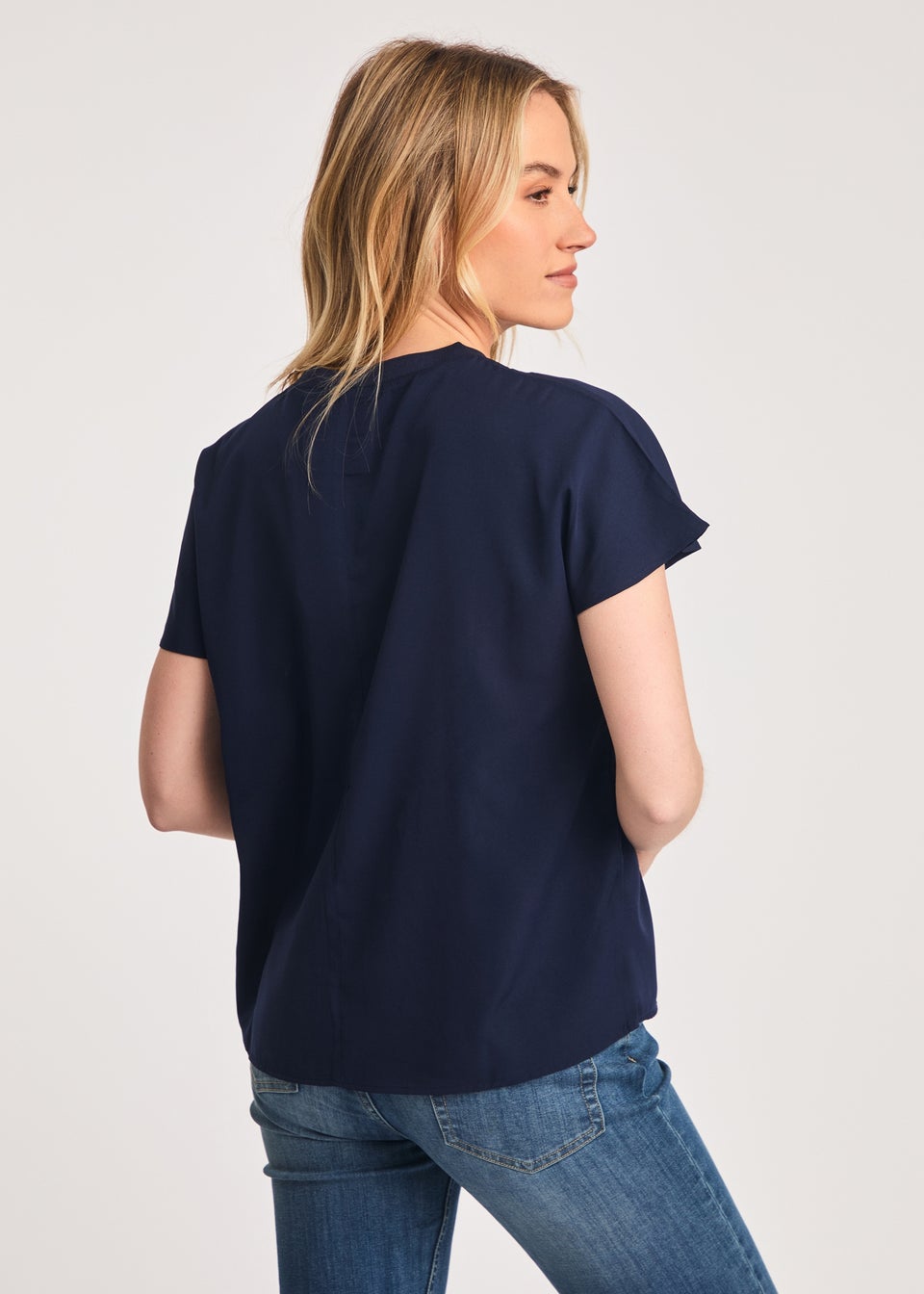 French Connection Navy Crew Neck Short Sleeve Crepe Top