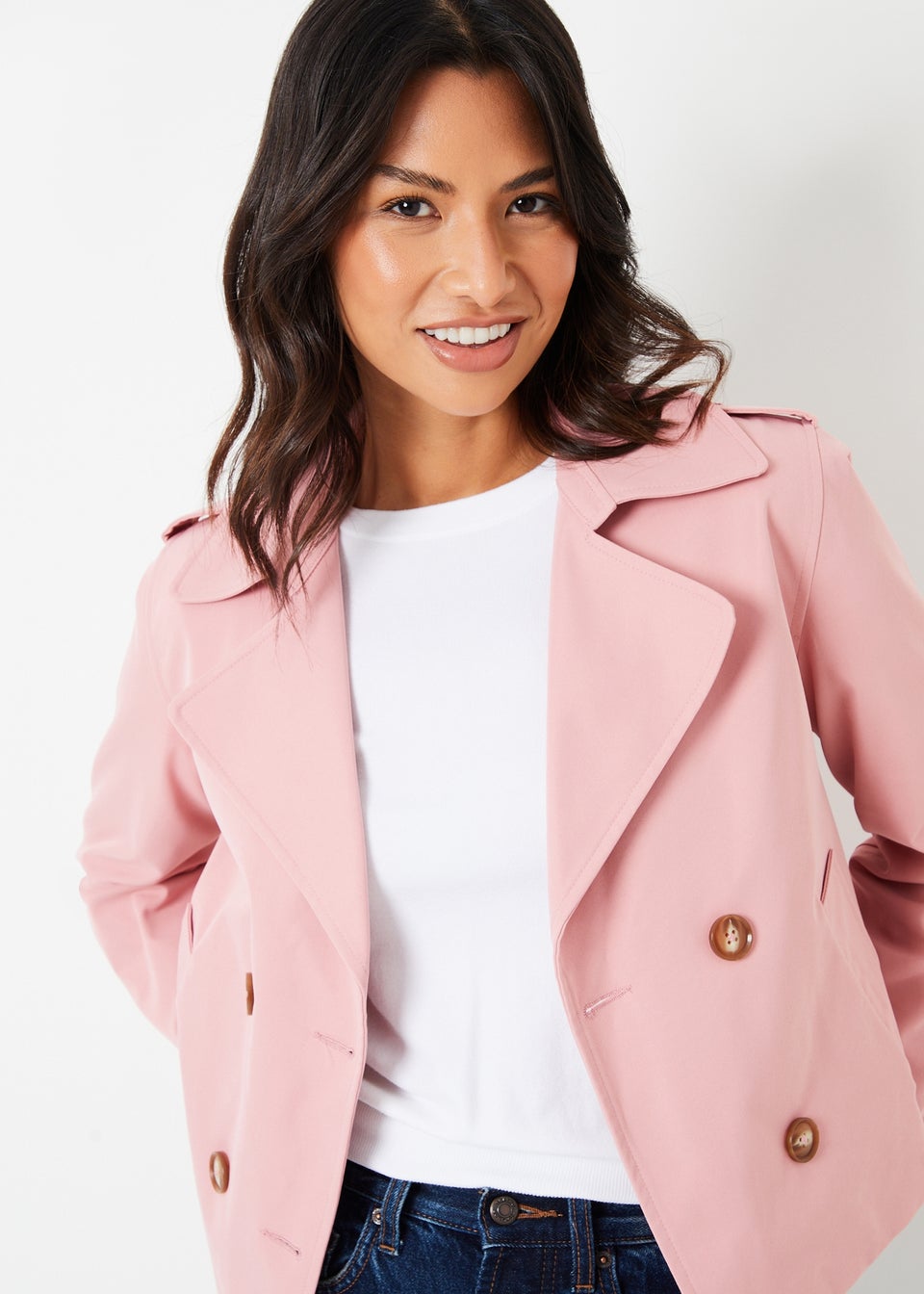 Threadbare Pink Double Breasted Cropped Trench Coat