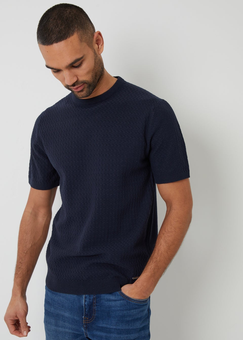Threadbare Navy Textured Front Knitted T-Shirt