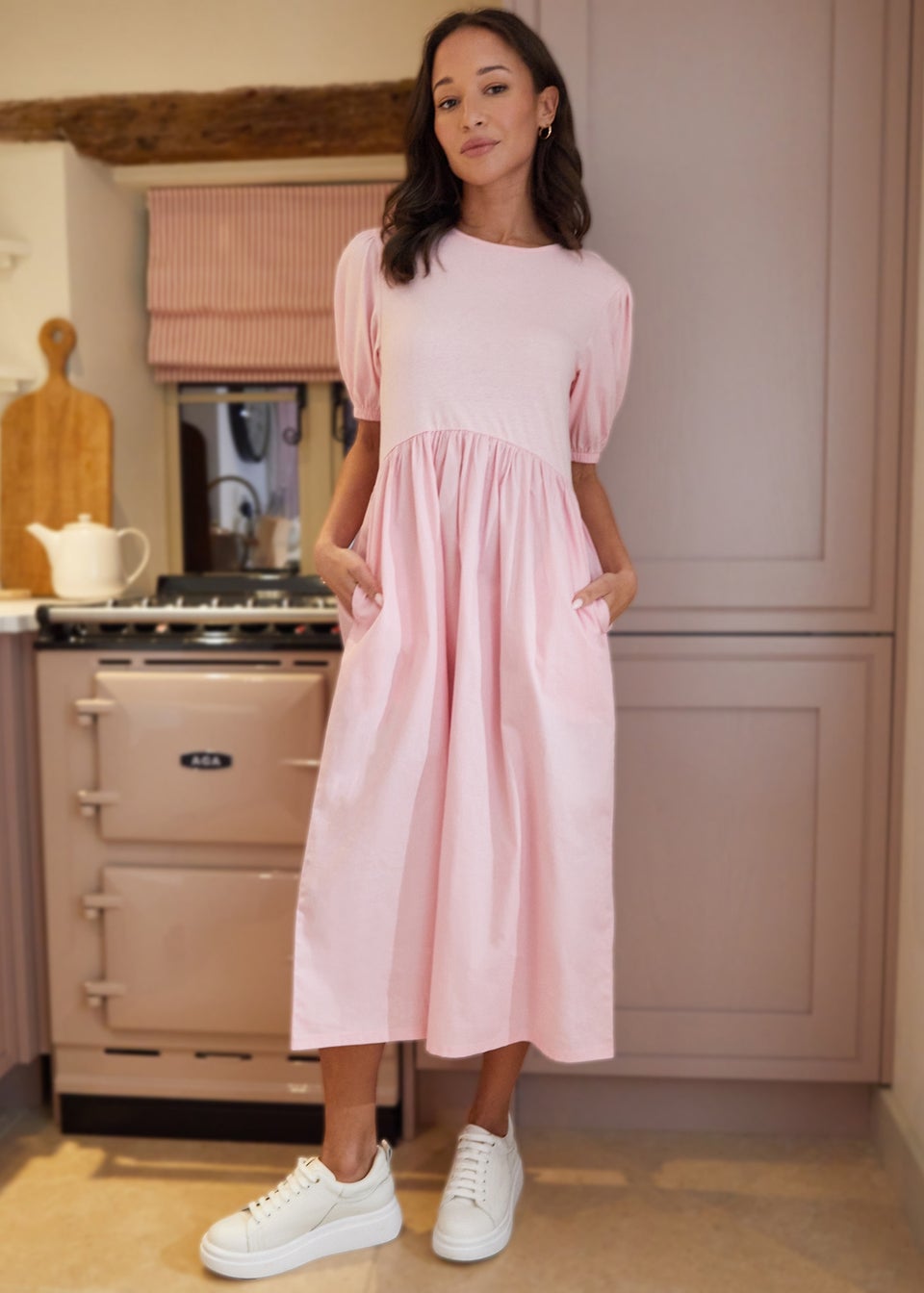 Threadbare Pink Puff Sleeve Jersey Poplin Maxi Dress