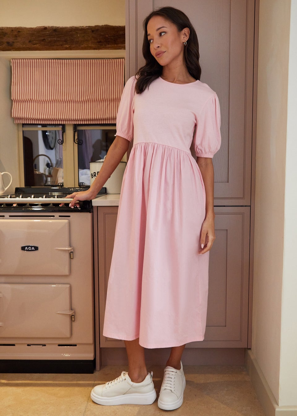 Threadbare Pink Puff Sleeve Jersey Poplin Maxi Dress