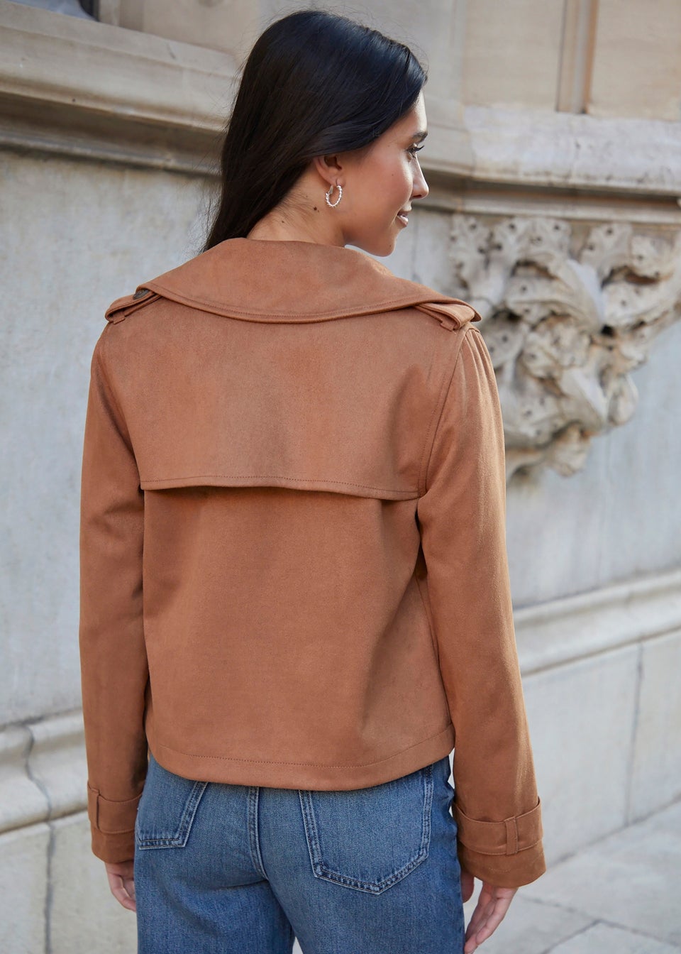 Threadbare Beige Cropped Suedette Trench Coat