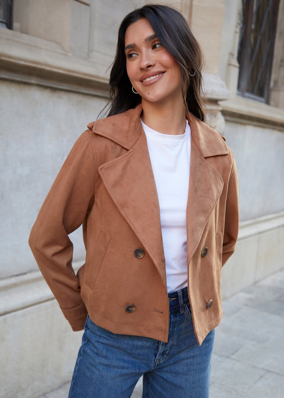 Threadbare Beige Cropped Suedette Trench Coat