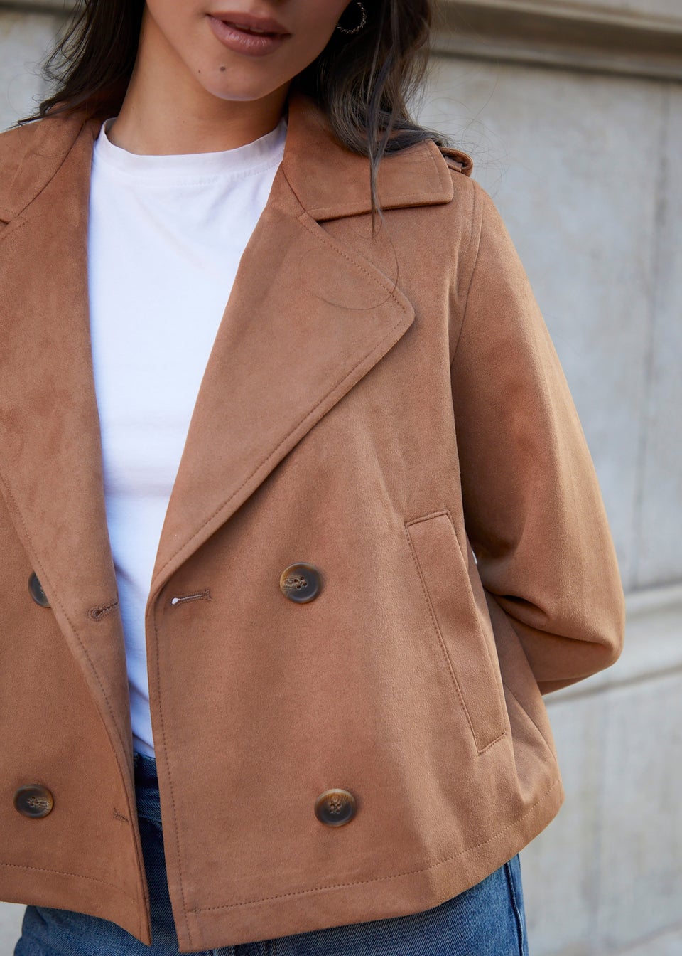 Threadbare Beige Cropped Suedette Trench Coat