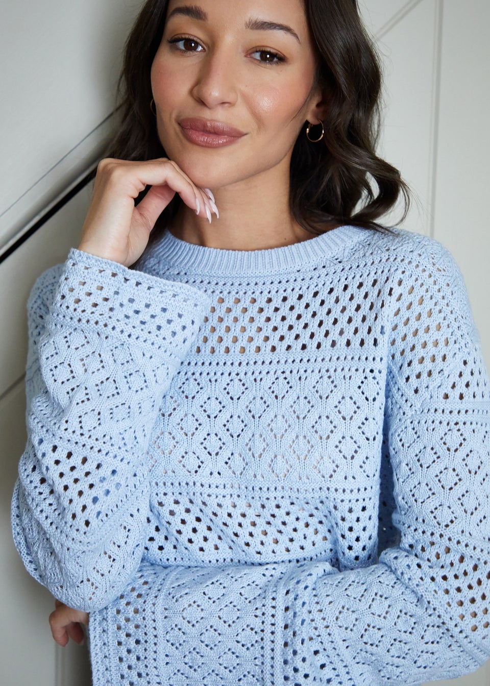 Threadbare Blue Long Sleeve Pointelle Crochet Knit Jumper
