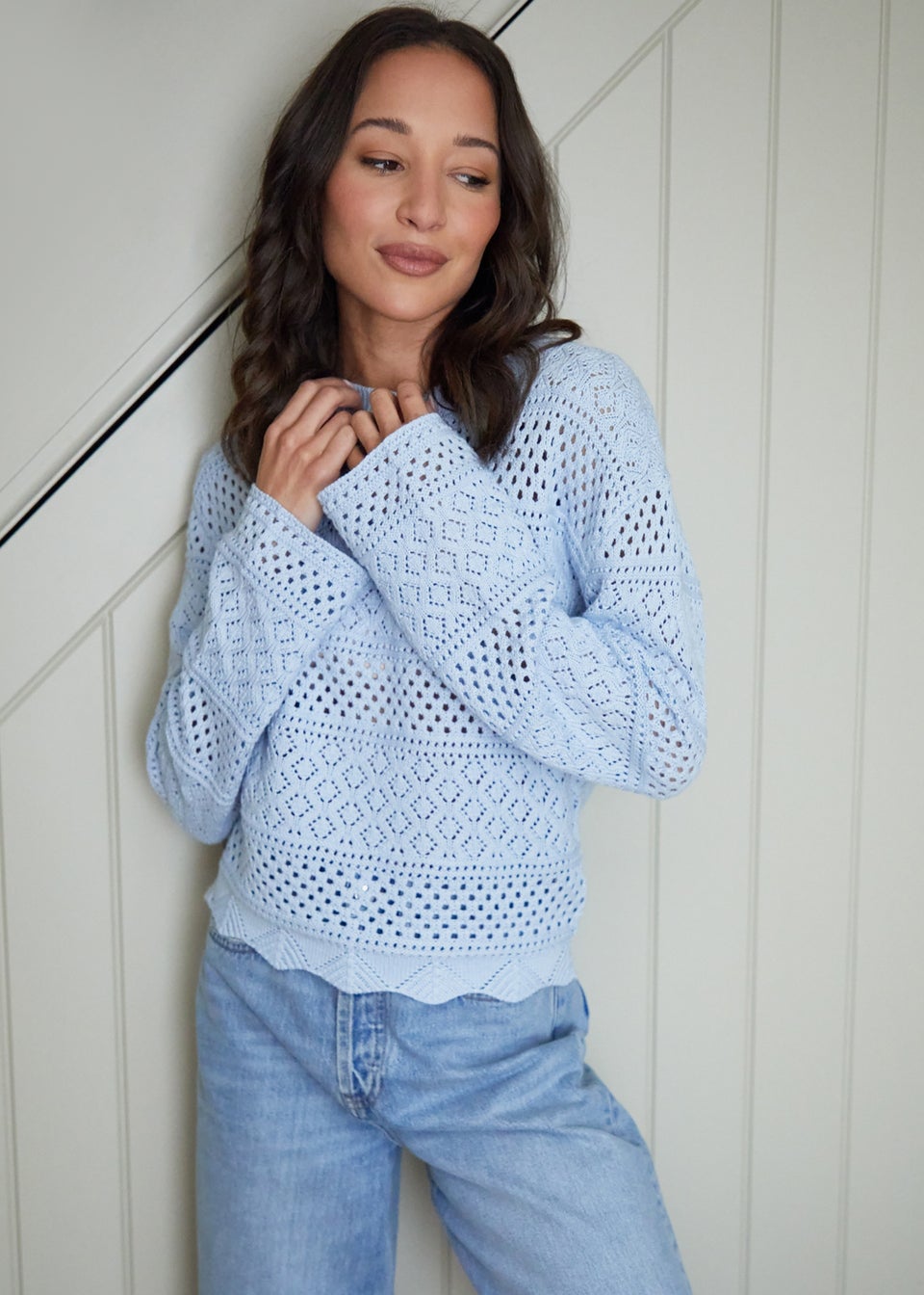 Threadbare Blue Long Sleeve Pointelle Crochet Knit Jumper