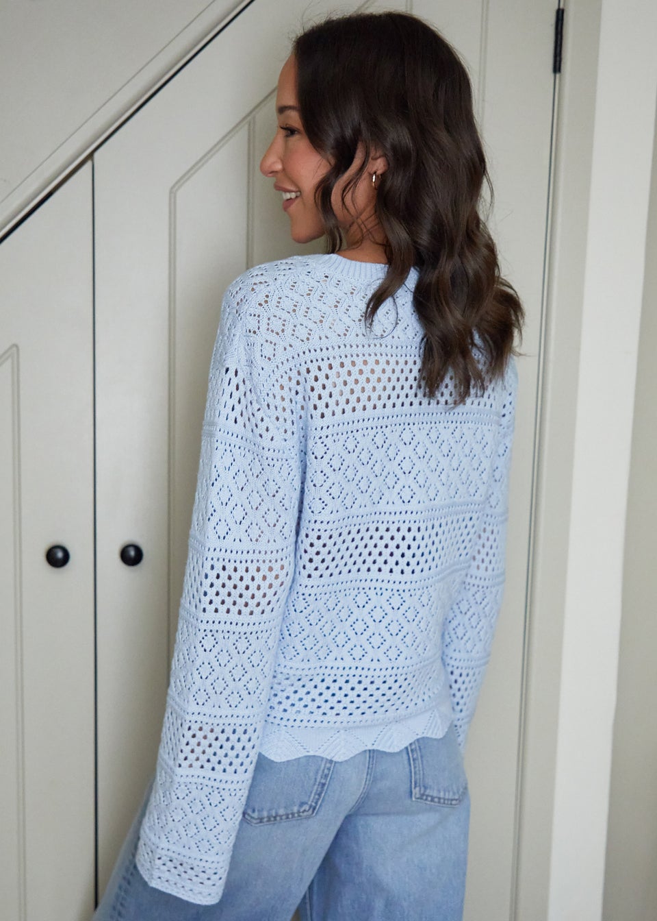 Threadbare Blue Long Sleeve Pointelle Crochet Knit Jumper