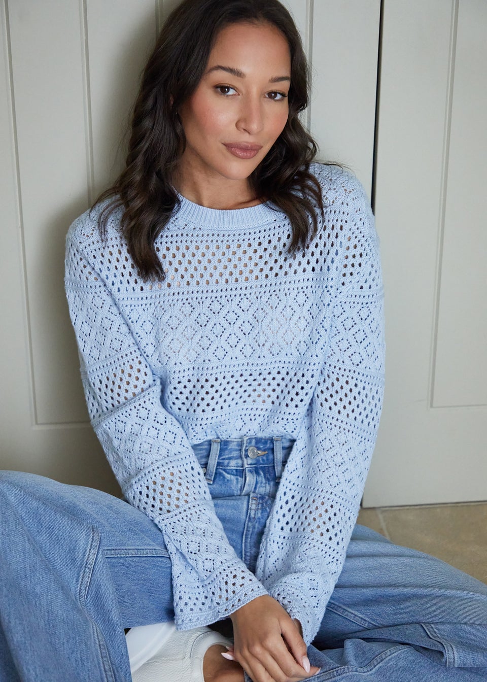 Threadbare Blue Long Sleeve Pointelle Crochet Knit Jumper