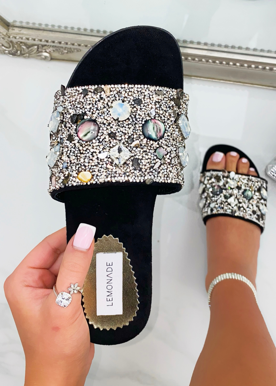 Love Lemonade Black Sparkly Gem Sliders
