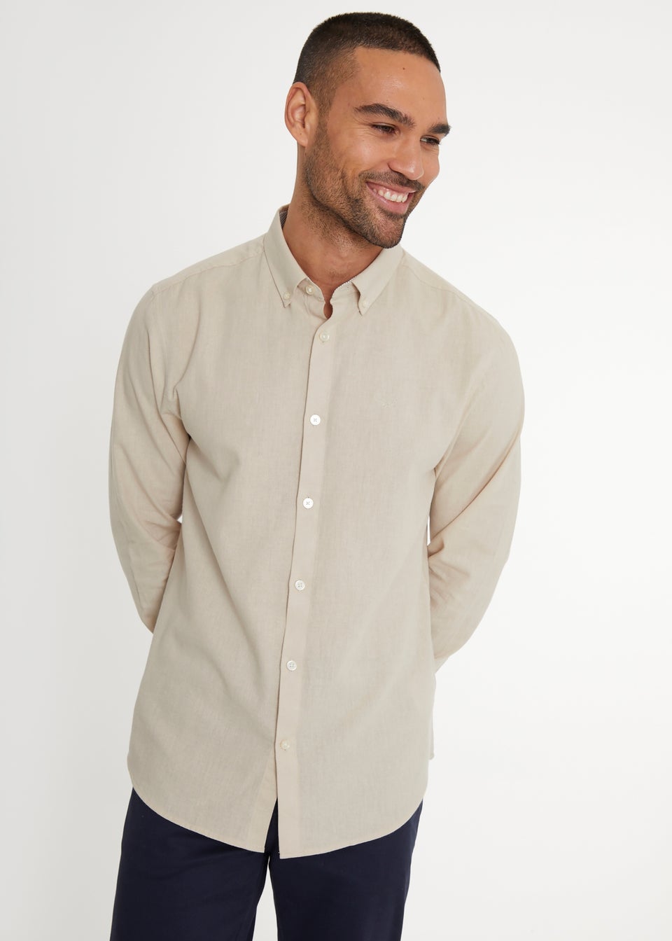 Threadbare Stone Slim Fit Linen Blend Long Sleeve Shirt