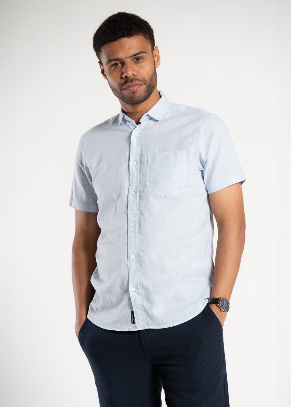 Tokyo Laundry Blue Linen Blend Button-Up Shirt with Chest Pocket