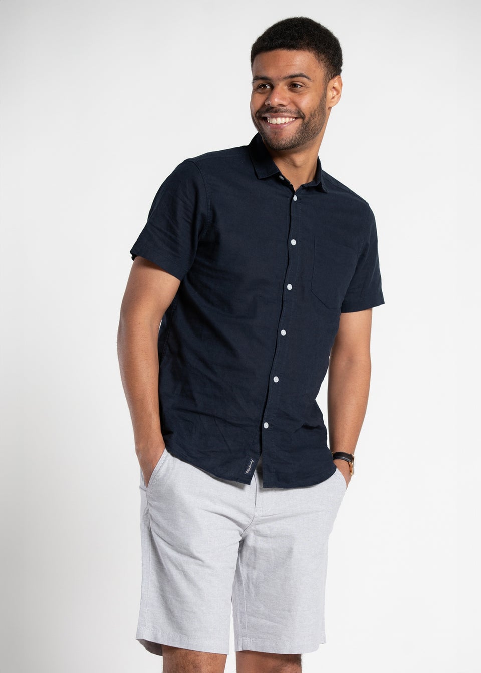 Tokyo Laundry Navy Linen Blend Button-Up Shirt with Chest Pocket