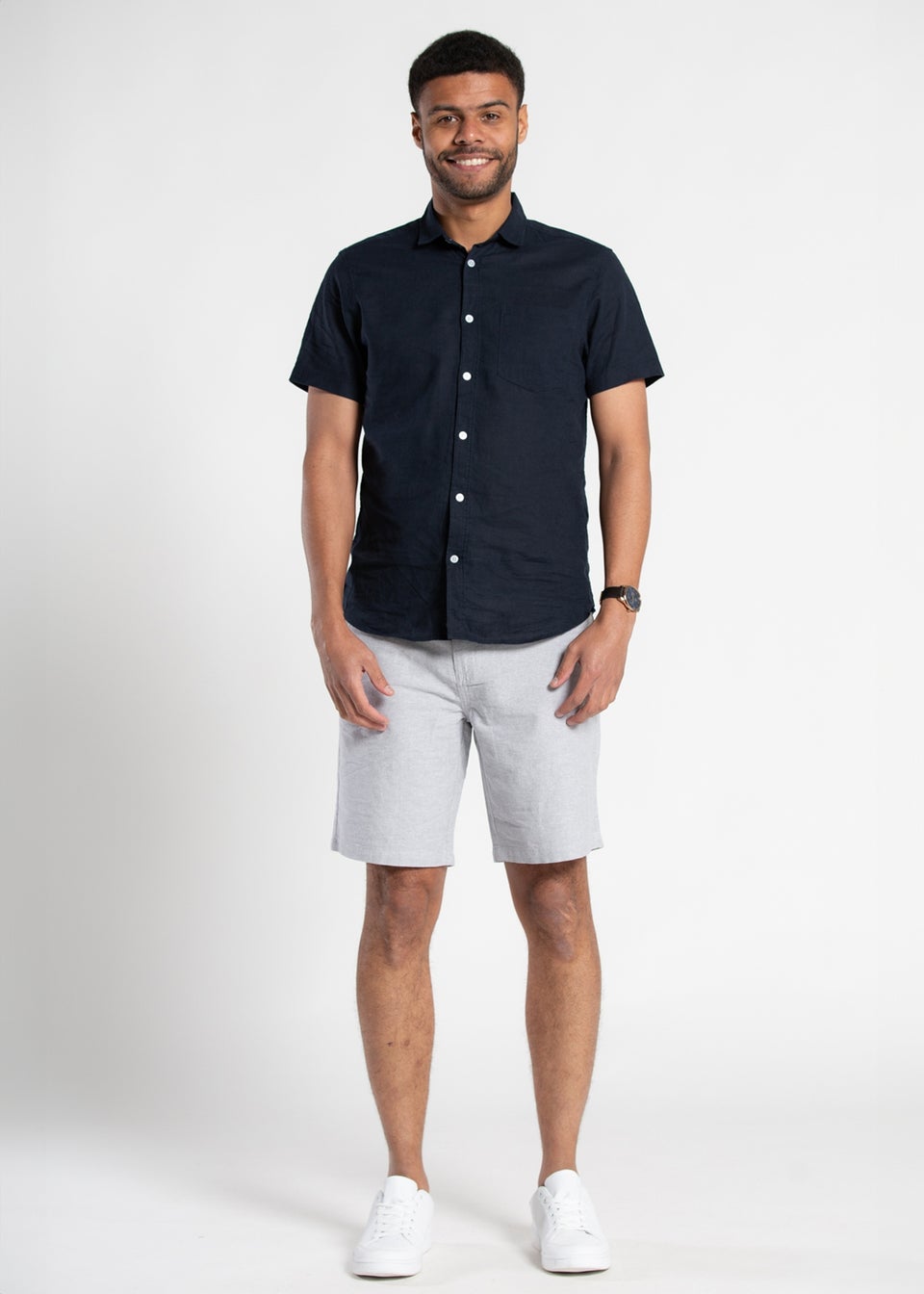 Tokyo Laundry Navy Linen Blend Button-Up Shirt with Chest Pocket