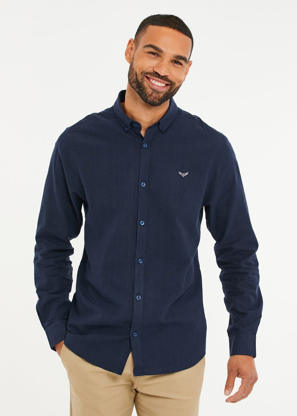 Threadbare Navy Slim Fit Linen Blend Long Sleeve Shirt