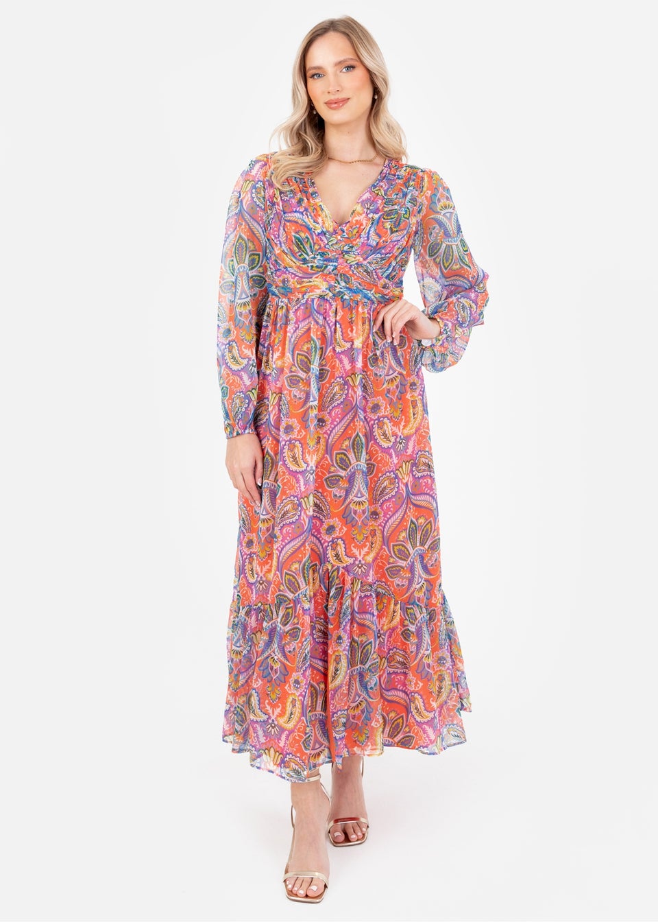 Lovedrobe Multi V-Neck Blouson Sleeve Gathered Midaxi Dress