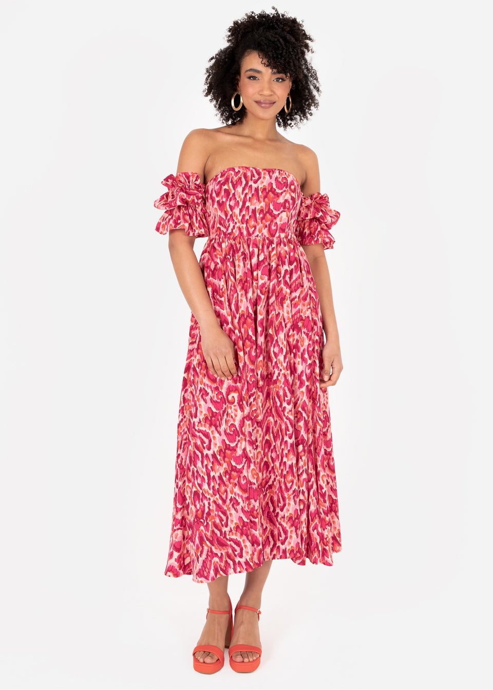 Lovedrobe Pink Abstract Bardot Midaxi Dress with Skirt Split