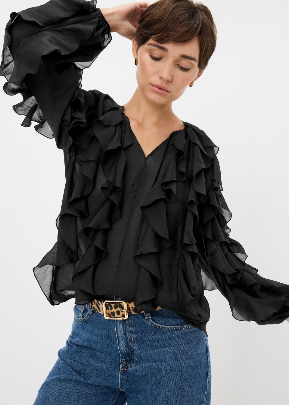Black Frill V Neck Blouse
