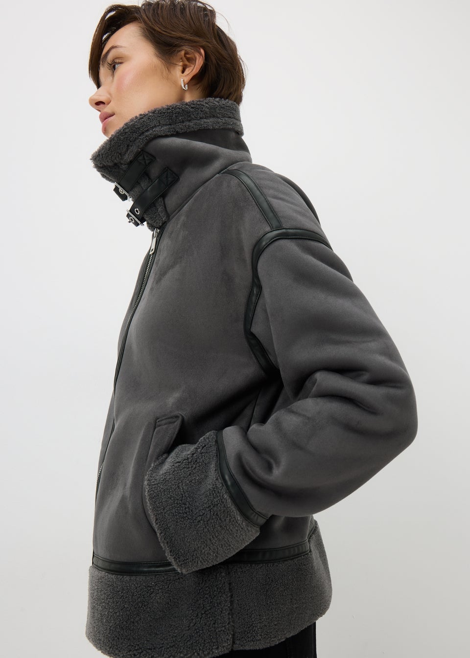 Grey Aviator Suedette Jacket