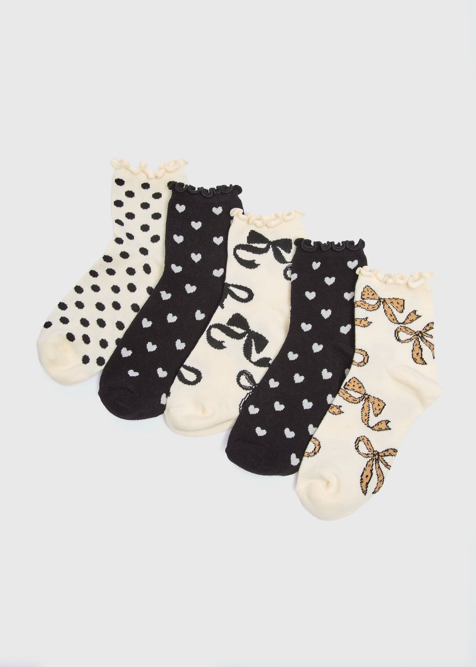 5 Pack Girls Black Mono Bow Heart Socks (Younger 6-Older 6.5)