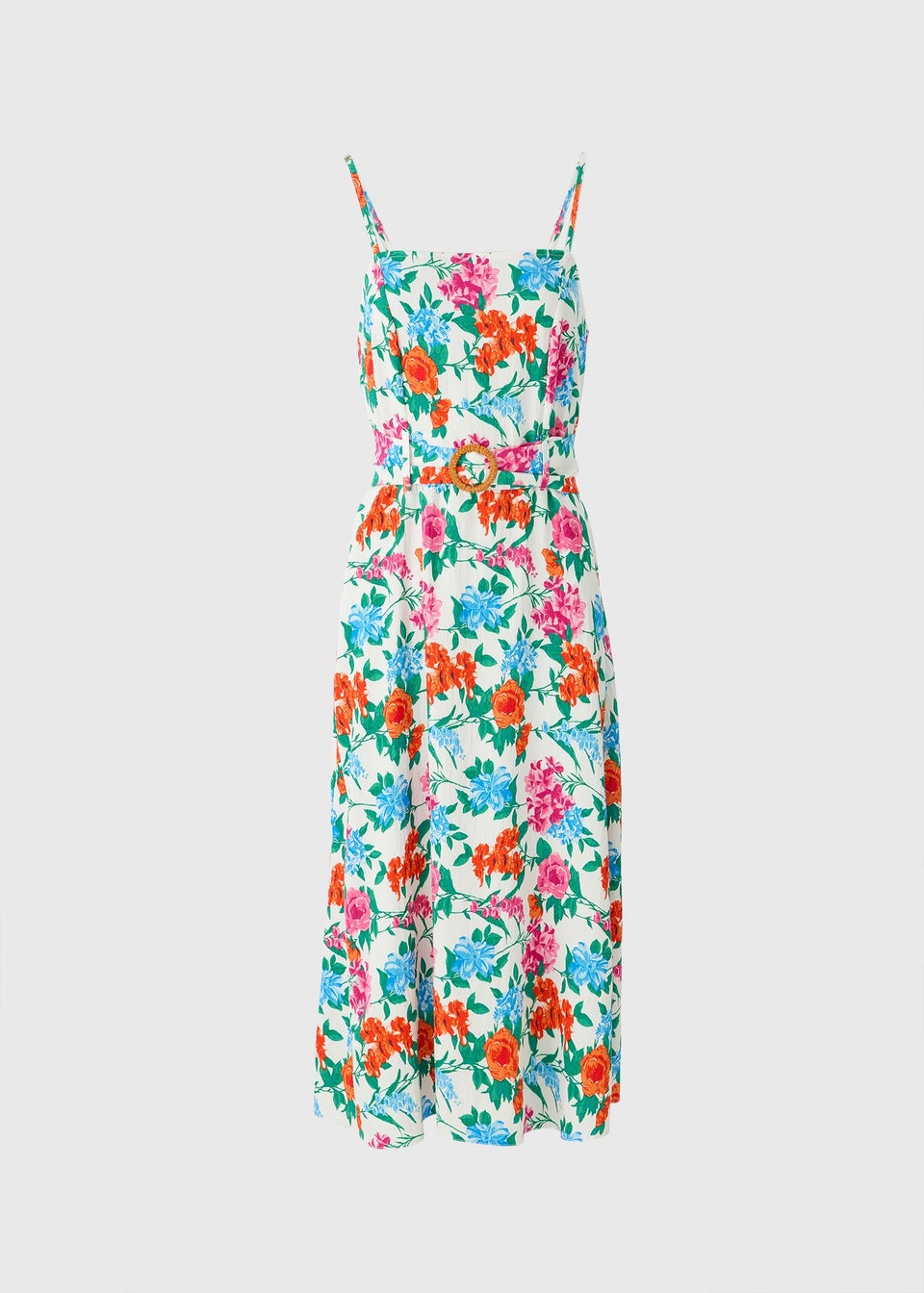 Cream Floral Buckle Belted Midi Dress