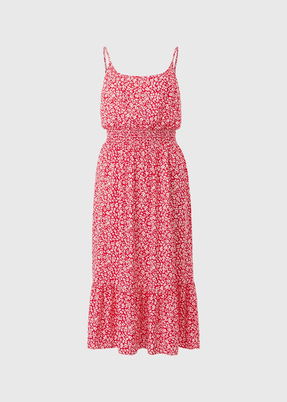Red Floral Shirred Strapy Dress
