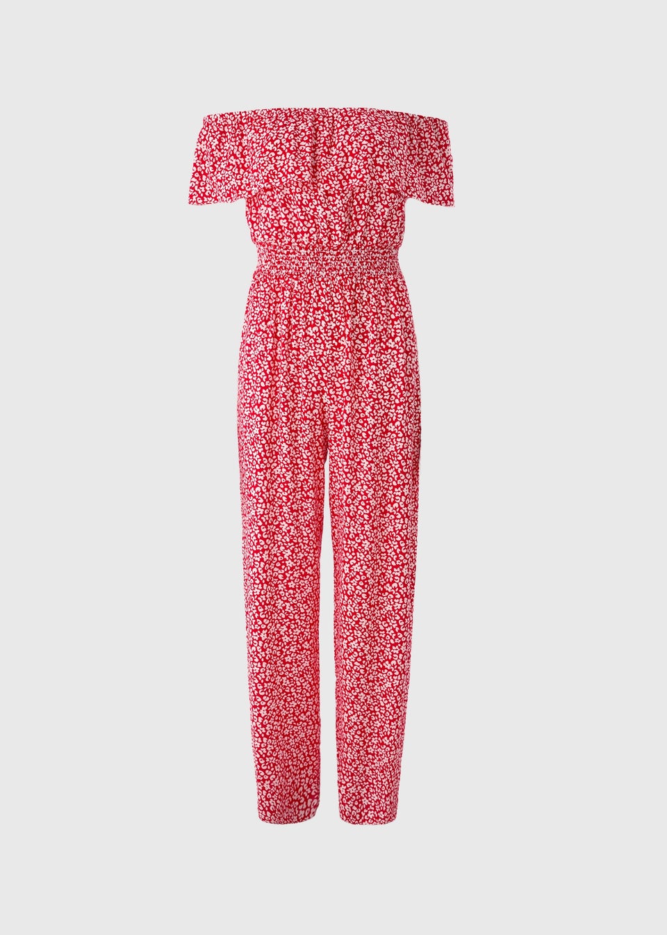 Red Floral Shirred Frill Jumpsuit
