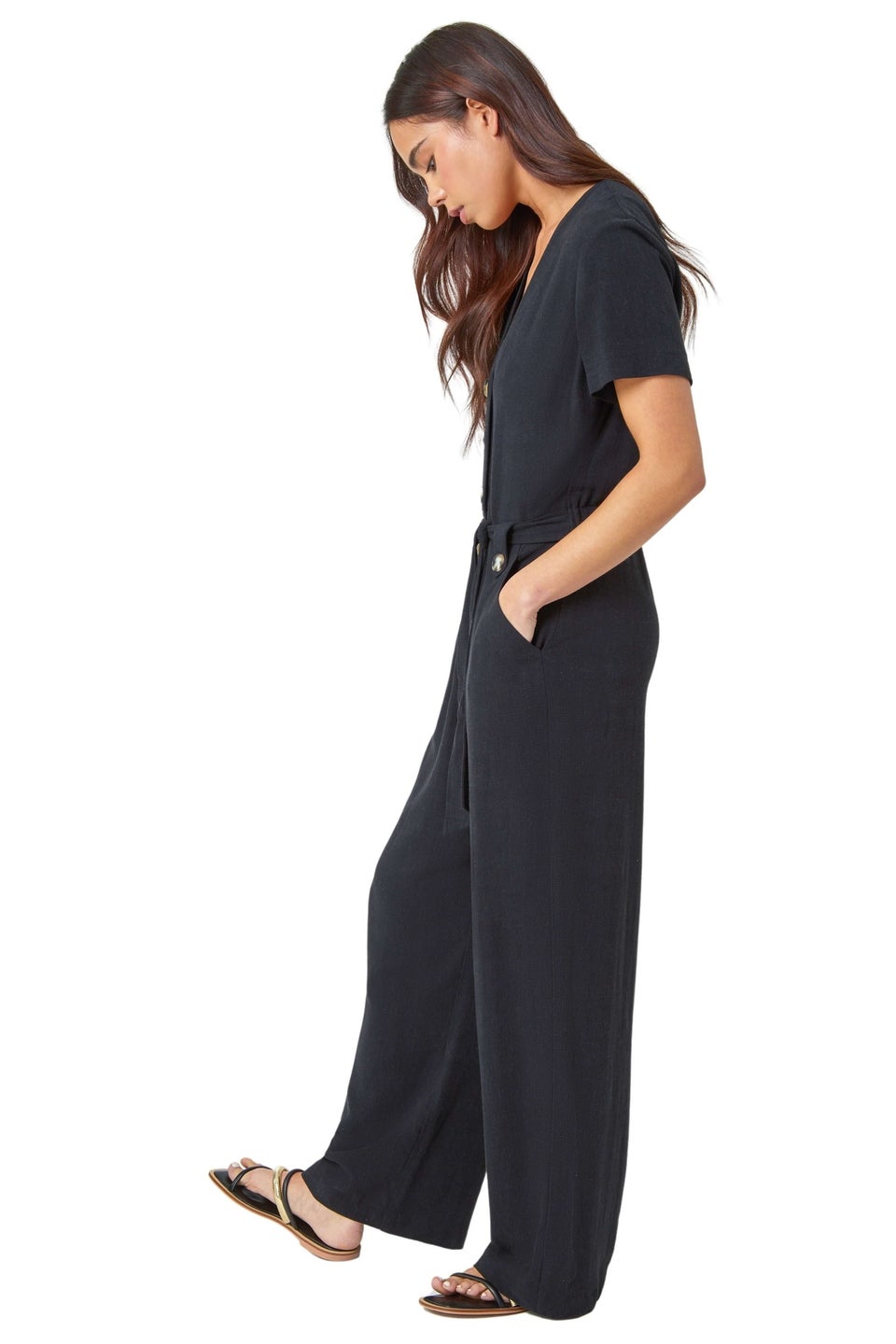 Roman Black Petite Linen Blend Jumpsuit