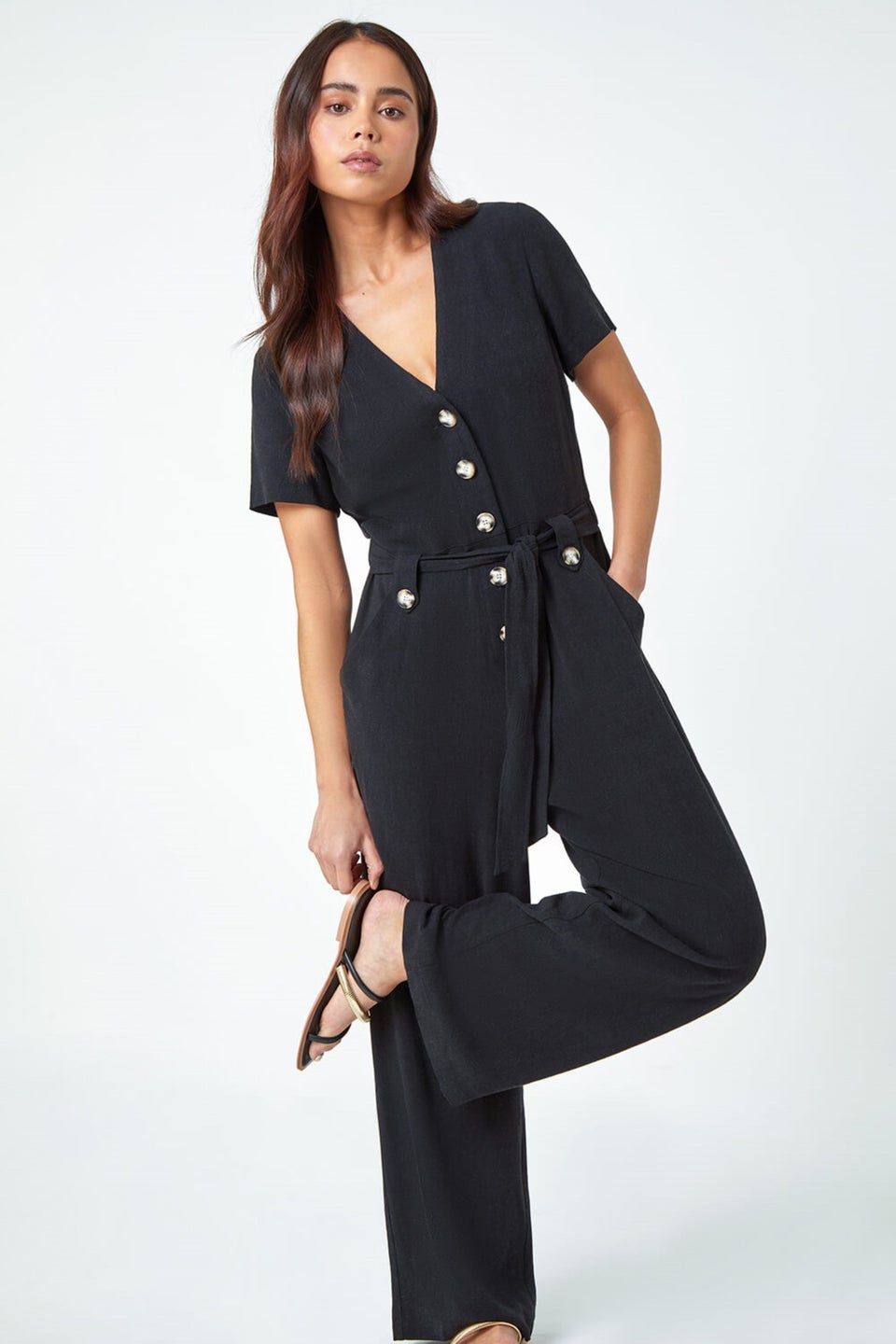 Roman Black Petite Linen Blend Jumpsuit