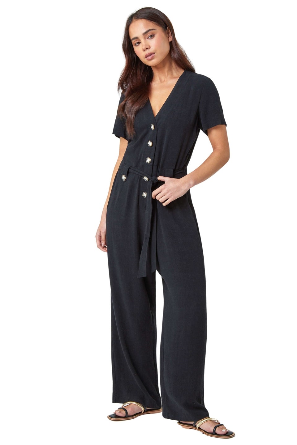 Roman Black Petite Linen Blend Jumpsuit